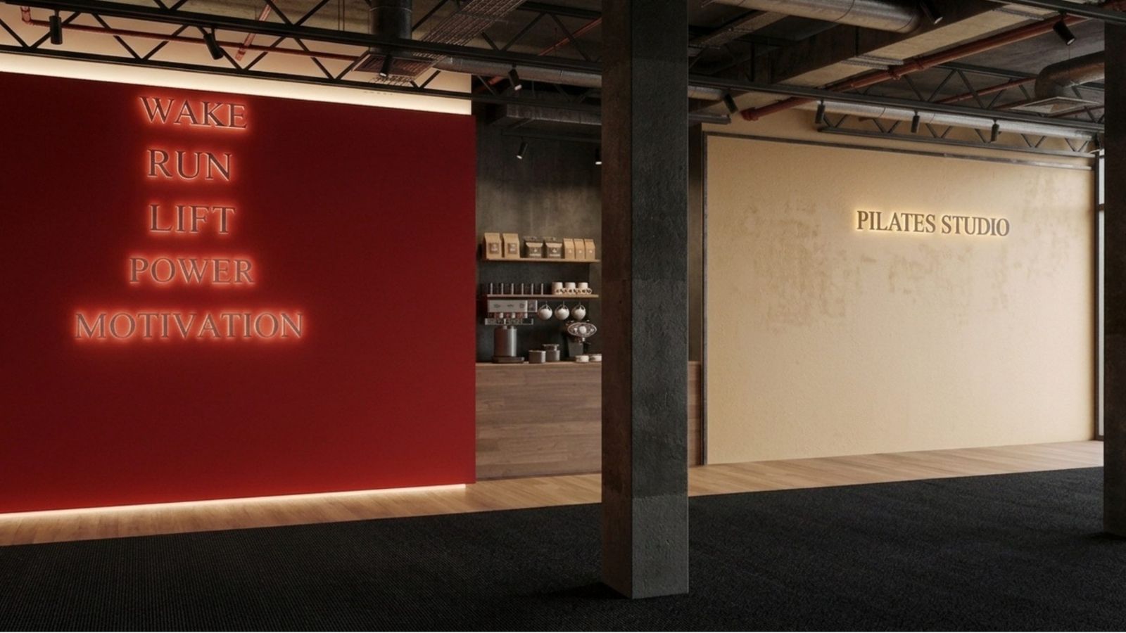 Mur rouge WAKE RUN LIFT POWER MOTIVATION et shake bar